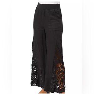 Black Wide Leg Linen Pants with Crochet Insets Size Large Resort Festival Boho